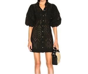 Ganni Black Eyelet Puff-Sleeve Mini Dress